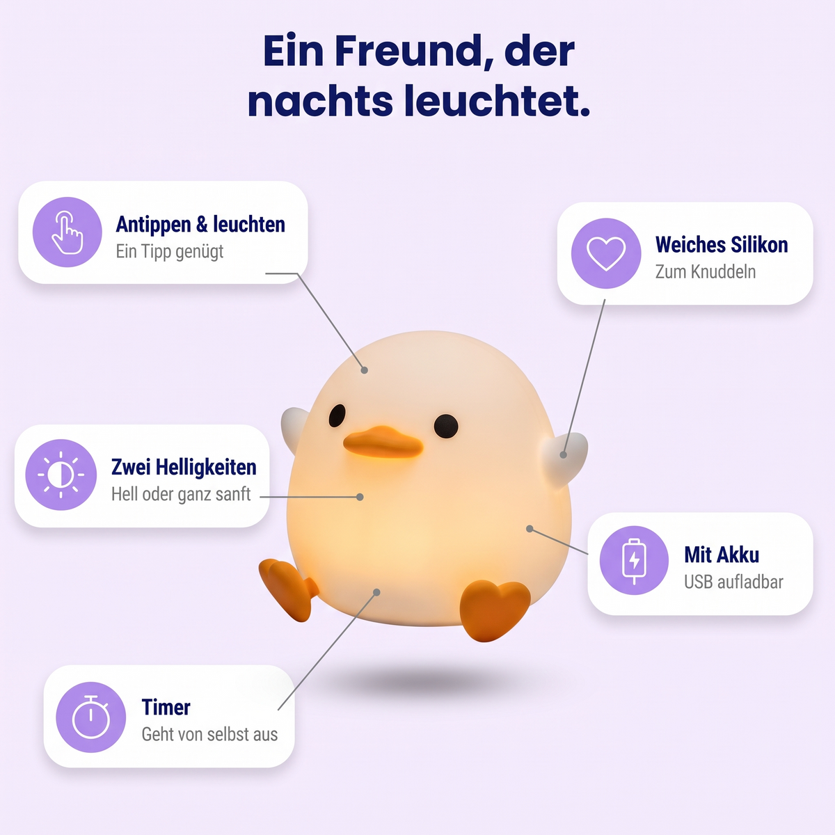 DreamyFriends Funktionen: antippen, zwei Helligkeiten, Timer, weiches Silikon, Akku