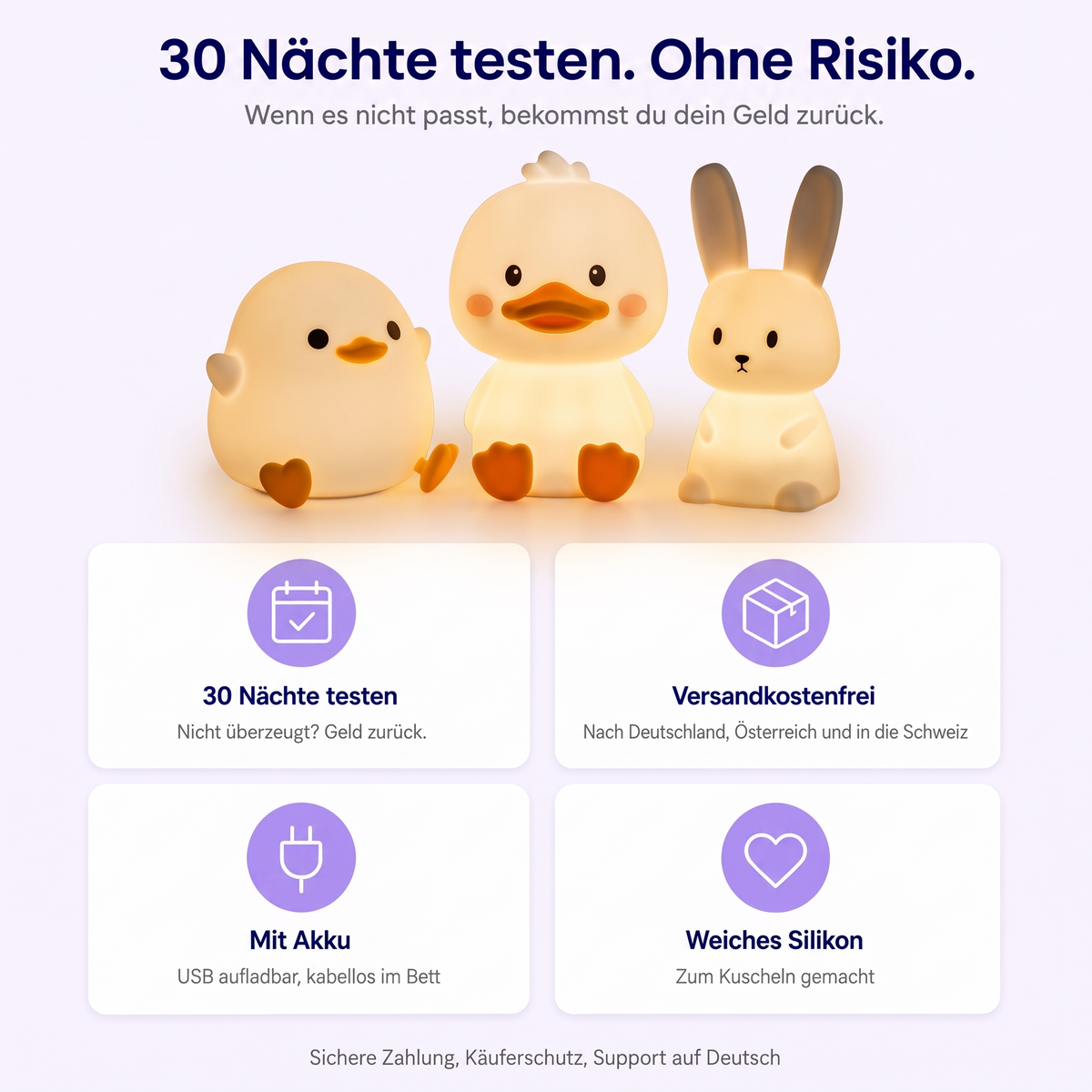 30 Nächte testen, versandkostenfrei, mit Akku, weiches Silikon