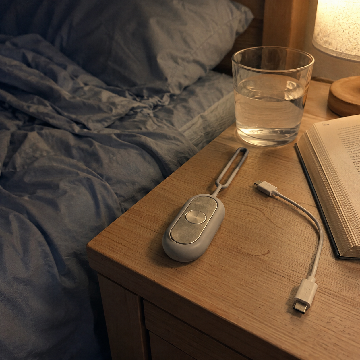 DreamyHelper mit USB-C-Ladekabel auf dem Nachttisch neben dem Bett