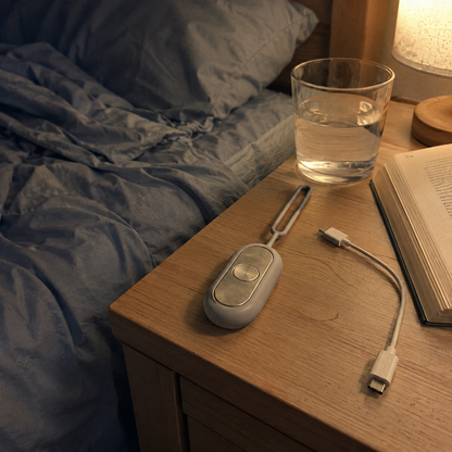 DreamyHelper mit USB-C-Ladekabel auf dem Nachttisch neben dem Bett