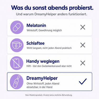 Vergleich: DreamyHelper gegenüber Melatonin, Schlaftee und Handy weglegen