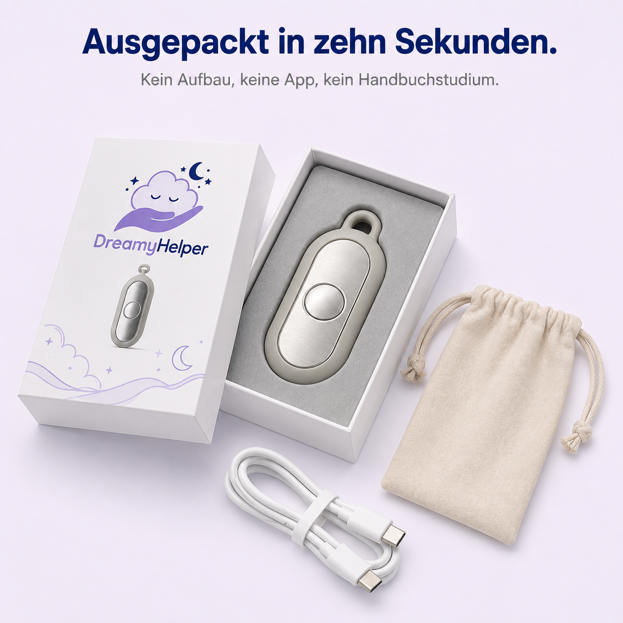 Geöffnete DreamyHelper Verpackung mit Gerät, USB-C-Kabel und Aufbewahrungsbeutel