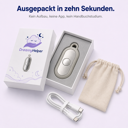 Geöffnete DreamyHelper Verpackung mit Gerät, USB-C-Kabel und Aufbewahrungsbeutel