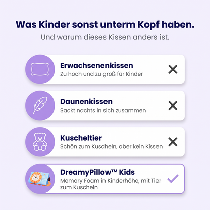 Vergleich: Erwachsenenkissen, Daunenkissen, Kuscheltier und DreamyPillow™ Kids