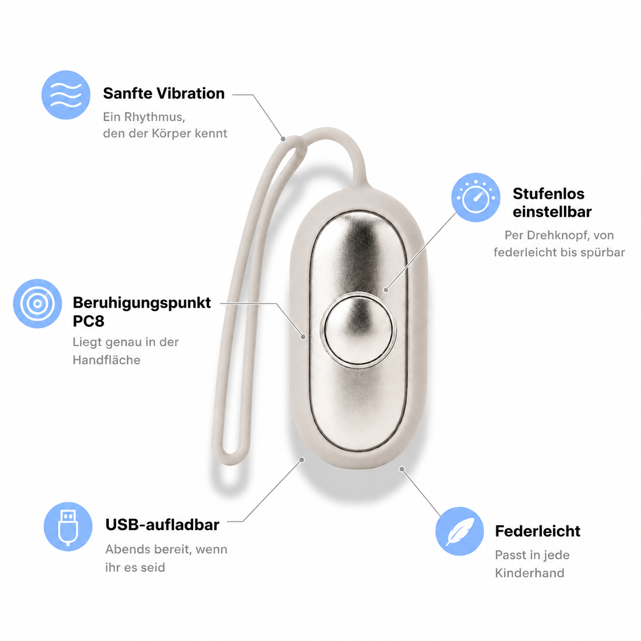 DreamyHelper Kids Vorteile: sanfte Vibration, stufenlos einstellbar, USB-aufladbar
