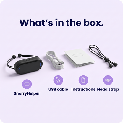 Lieferumfang: SnorryHelper™, USB-Ladekabel, Anleitung, Kopfband