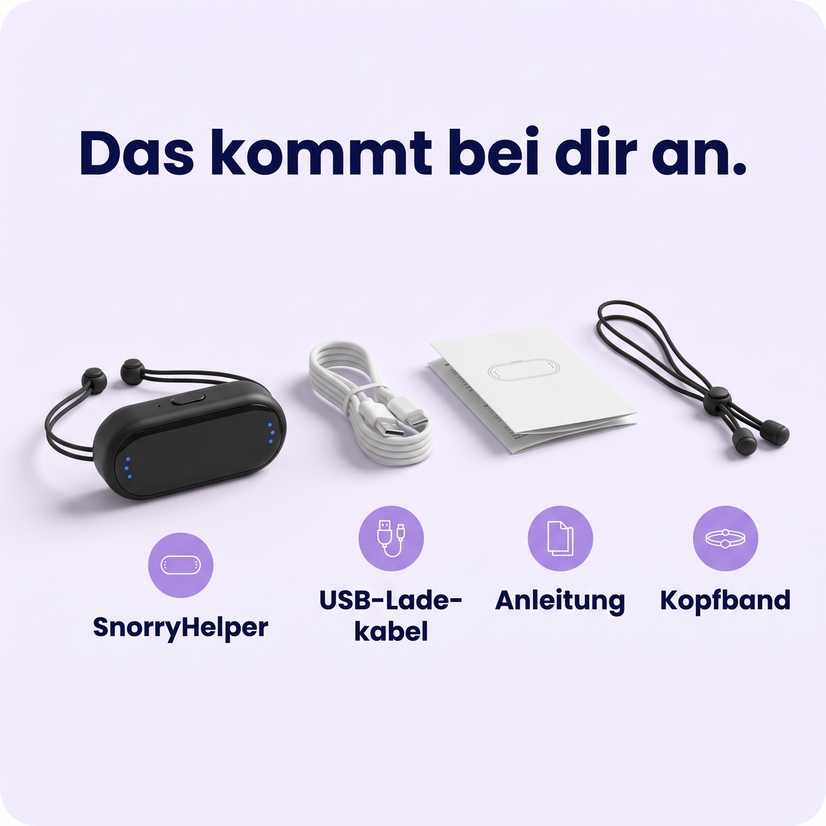 Lieferumfang: SnorryHelper™, USB-Ladekabel, Anleitung, Kopfband