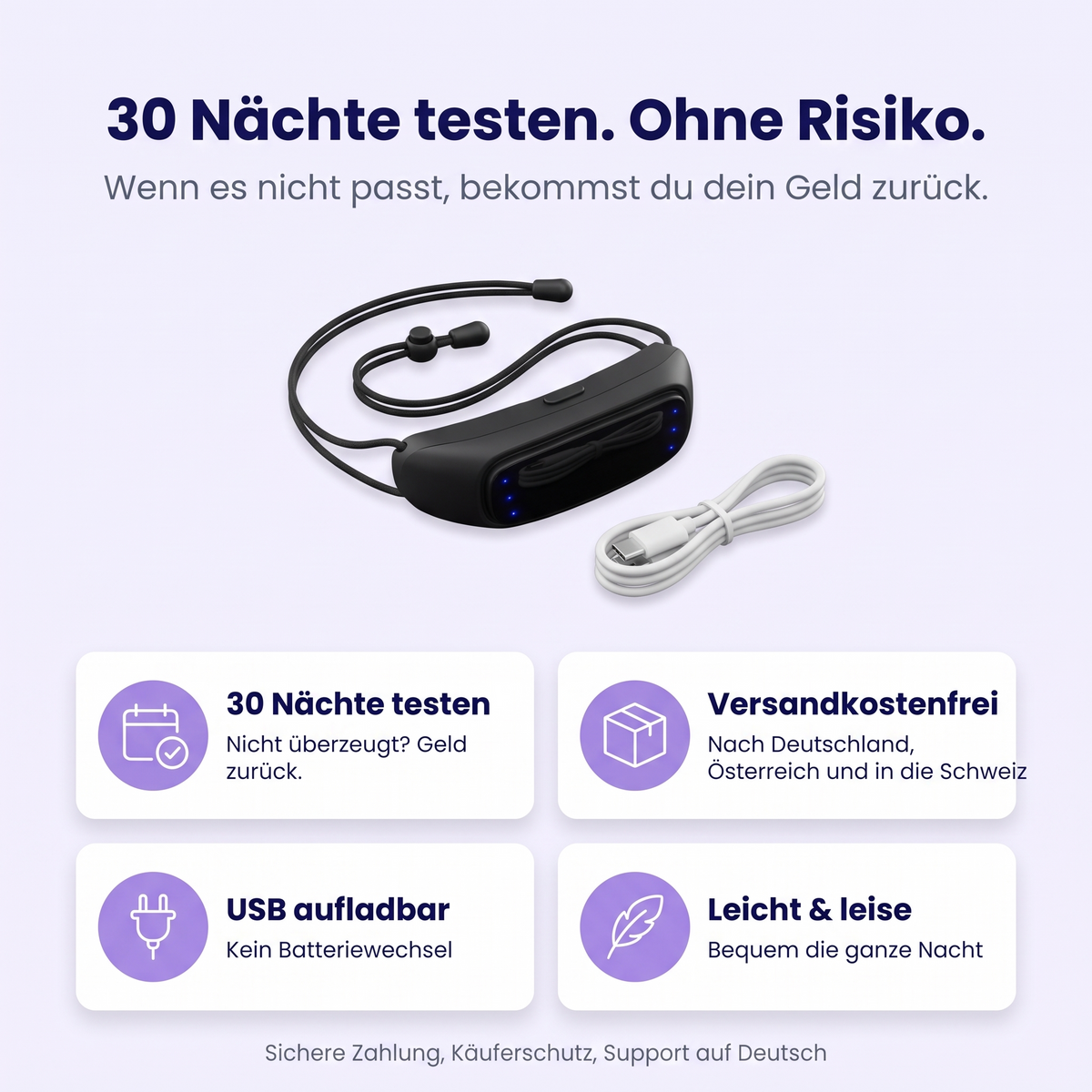 30 Nächte testen, versandkostenfrei, USB aufladbar, leicht und leise